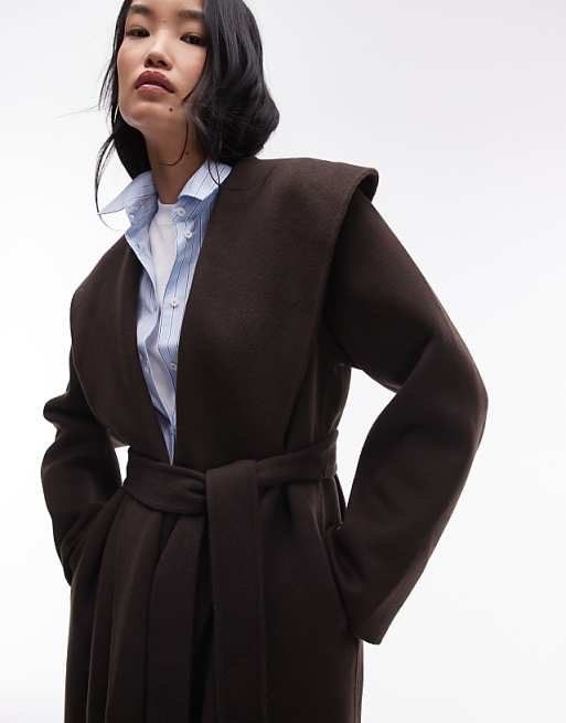 Dark Brown Shawl Collar Wrap Coat