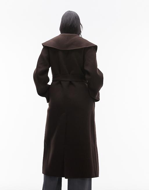 Dark Brown Shawl Collar Wrap Coat