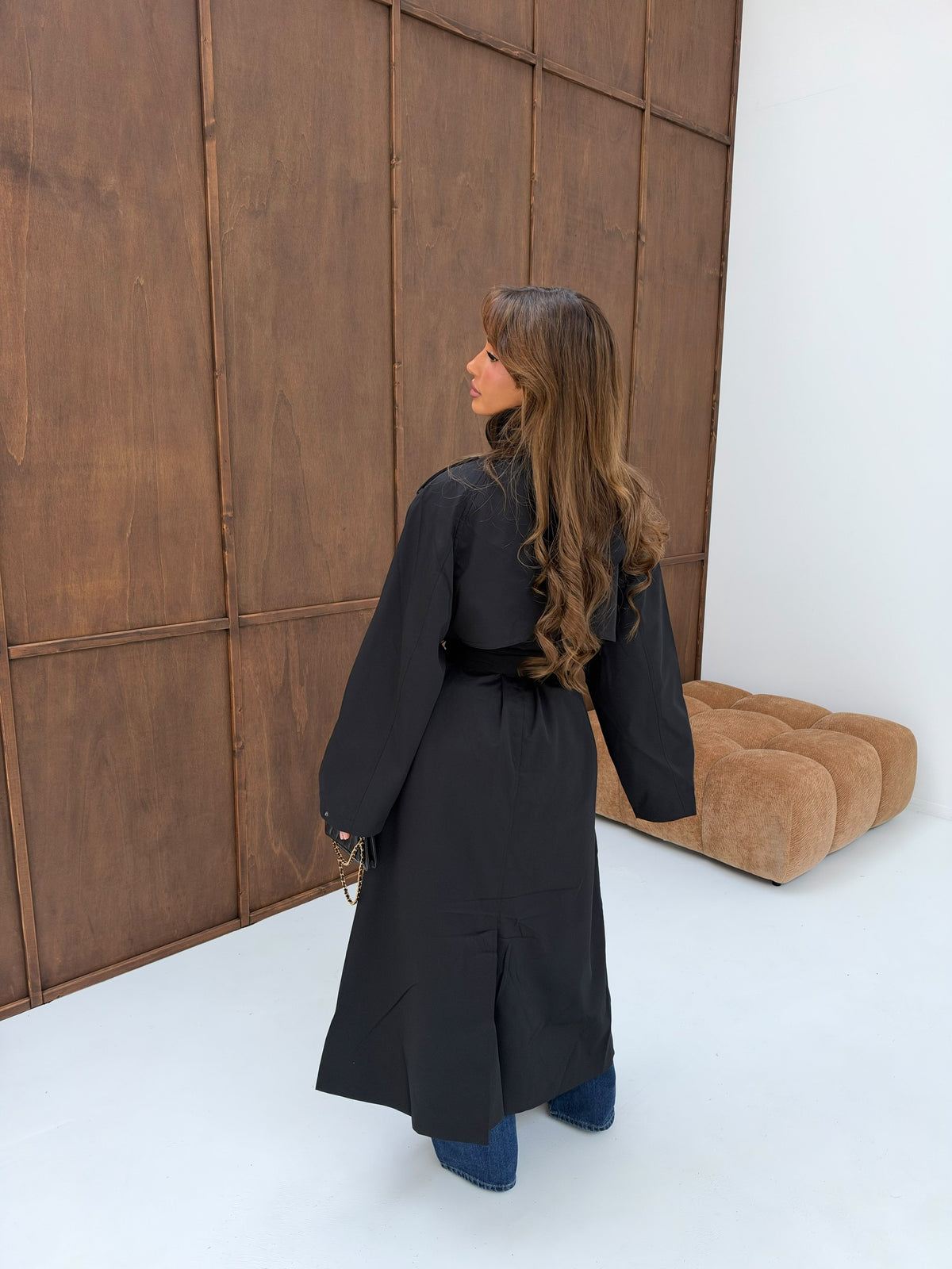 Women's Black Cape-Detail Longline Trench Coat