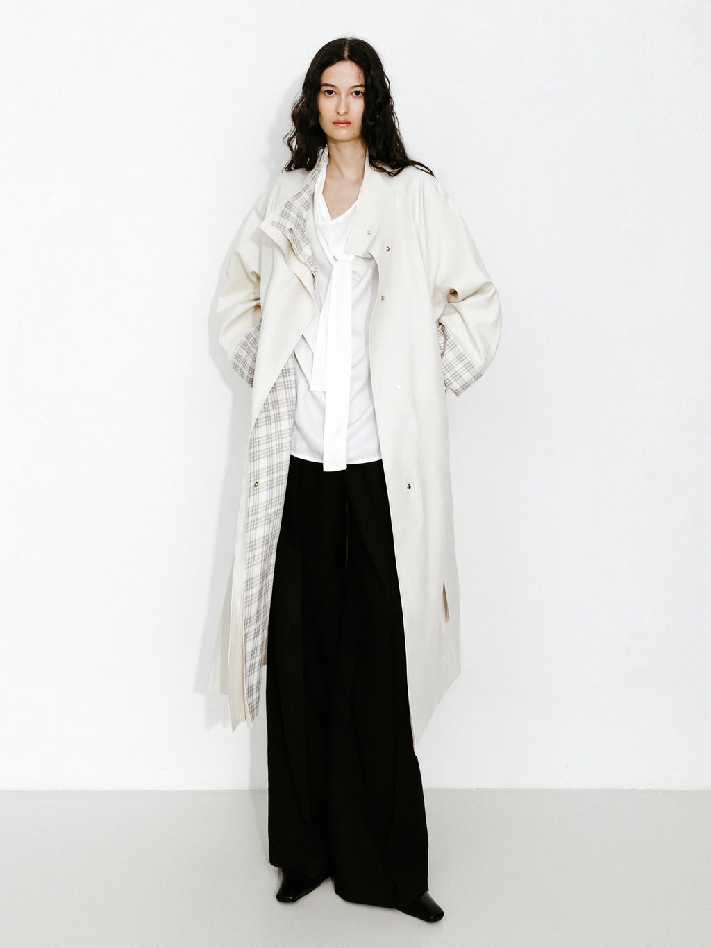 Funnel Neck Colorblock Cuff Trench Coat Cream