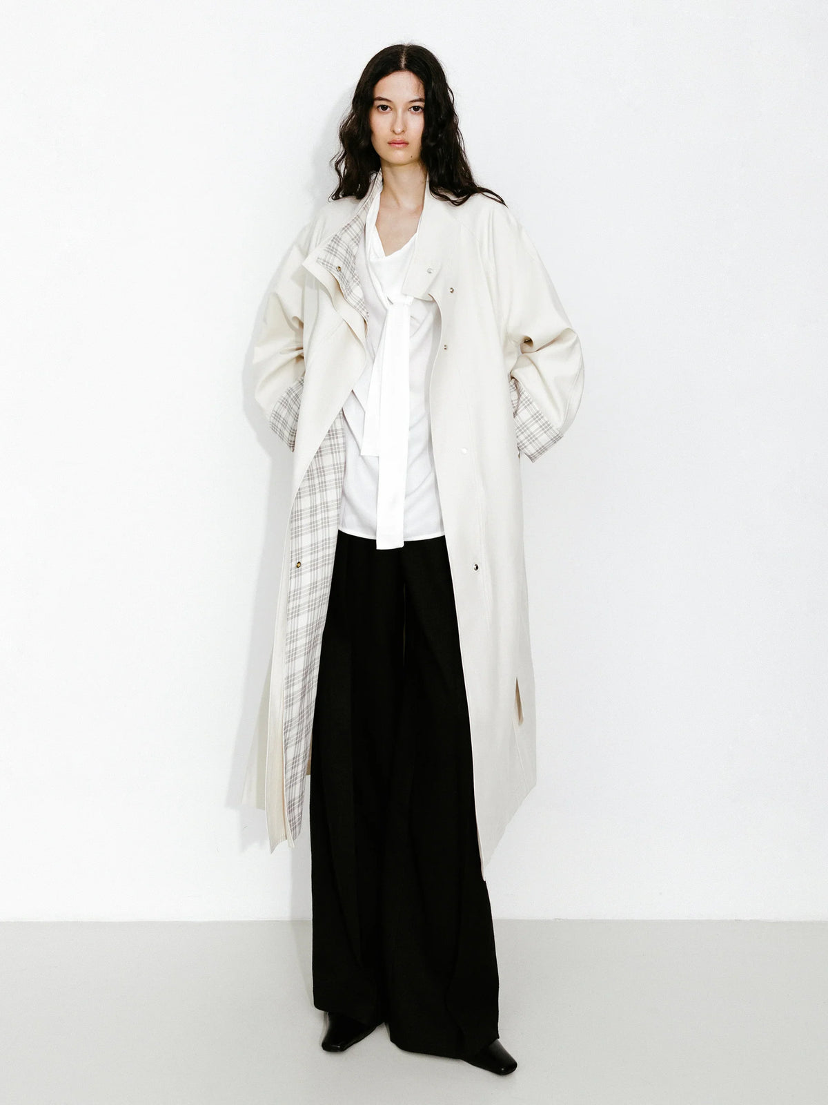 Funnel Neck Colorblock Cuff Trench Coat Cream