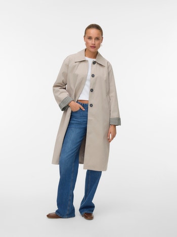 Beige Long Trench Coat with Contrast Cuffs