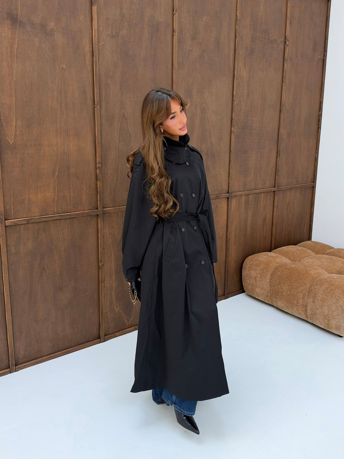 Women's Black Cape-Detail Longline Trench Coat