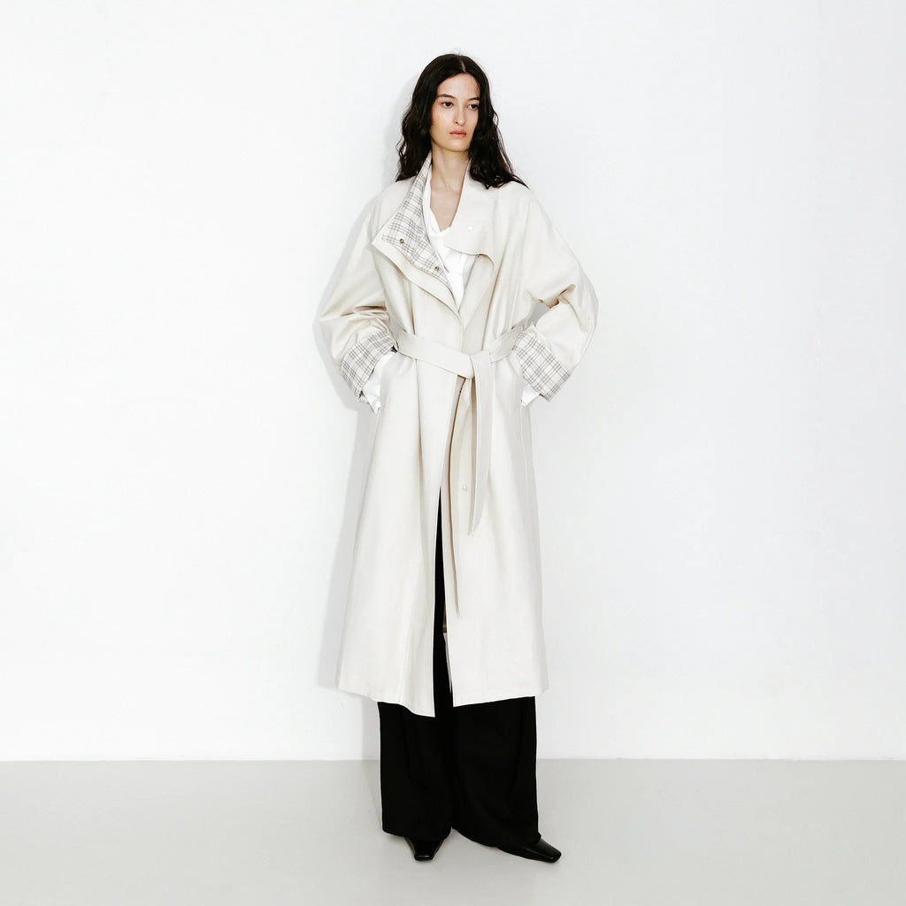 Funnel Neck Colorblock Cuff Trench Coat Cream