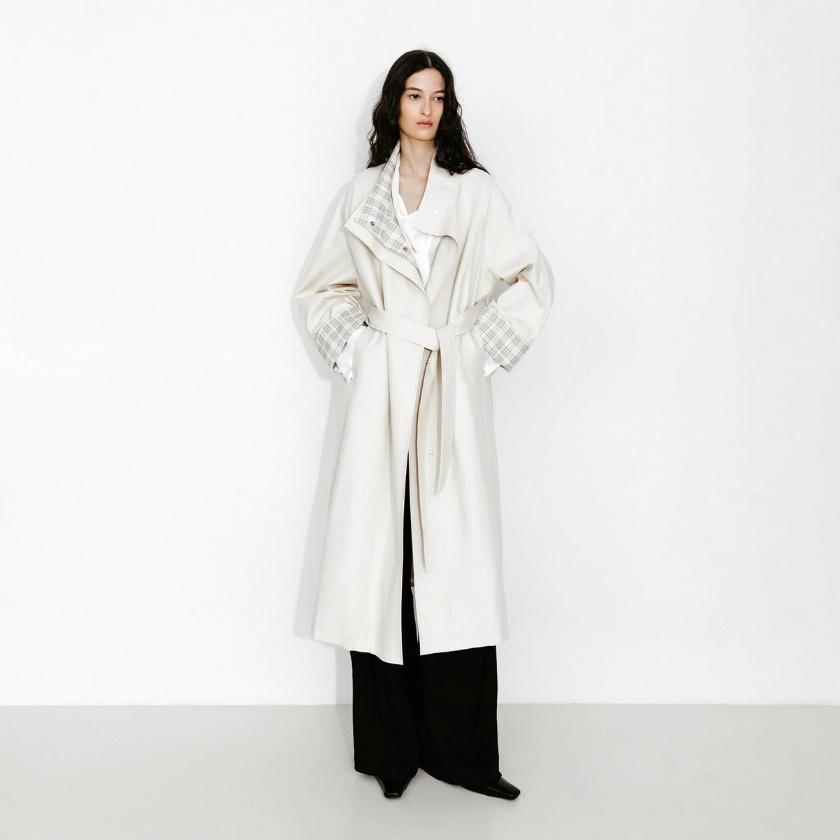 Funnel Neck Colorblock Cuff Trench Coat Cream