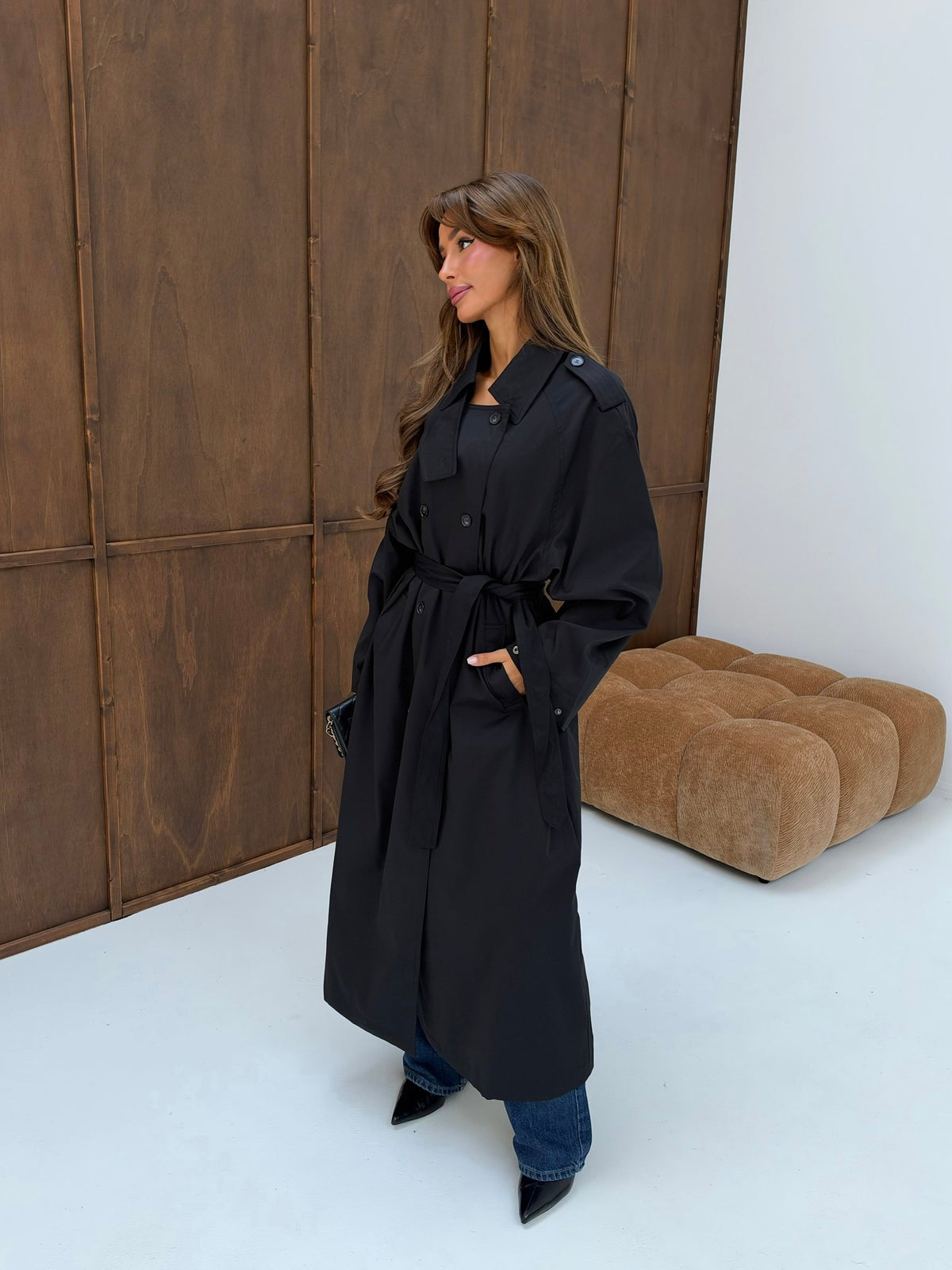 Women's Black Cape-Detail Longline Trench Coat