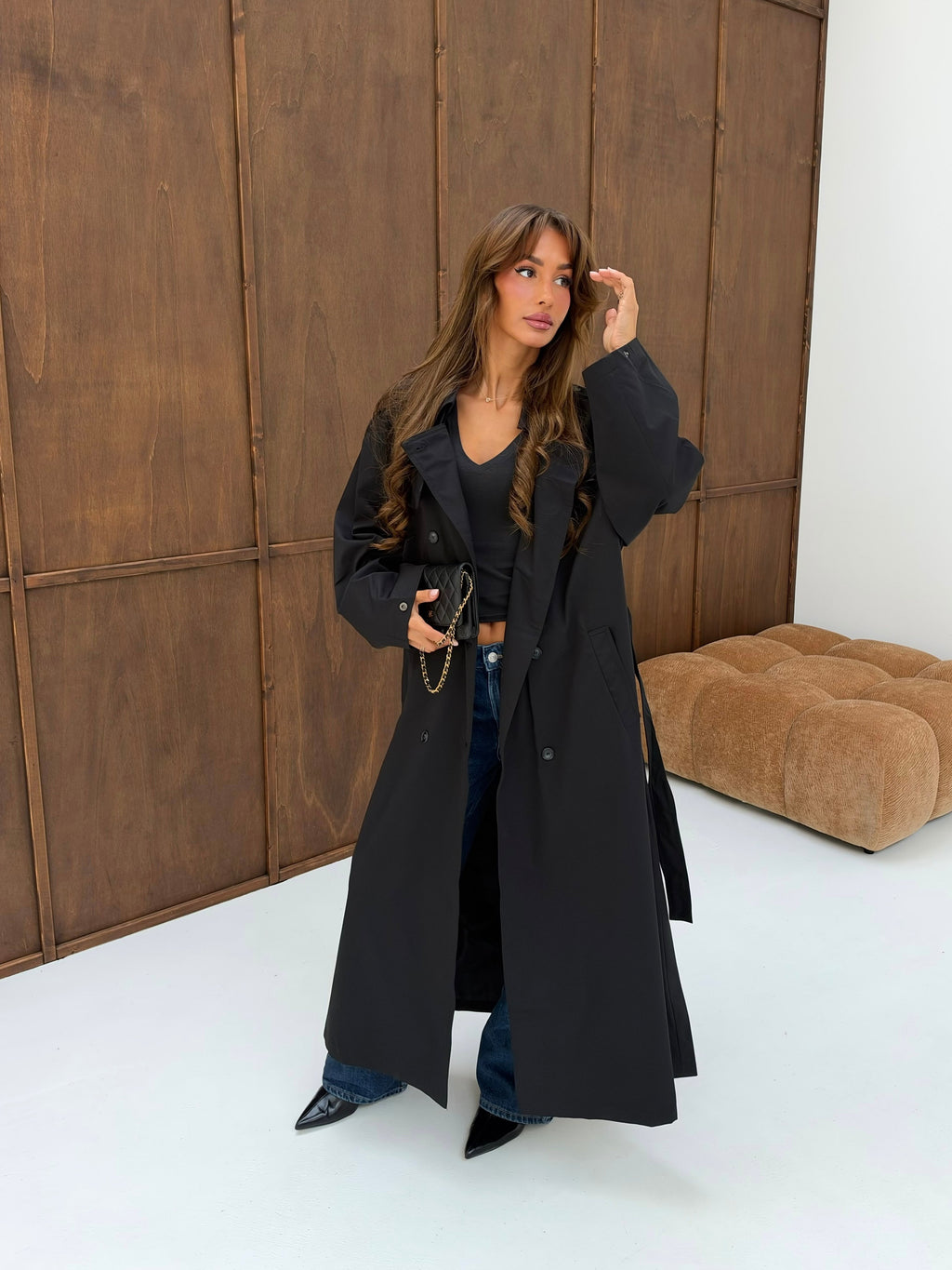 Women's Black Cape-Detail Longline Trench Coat