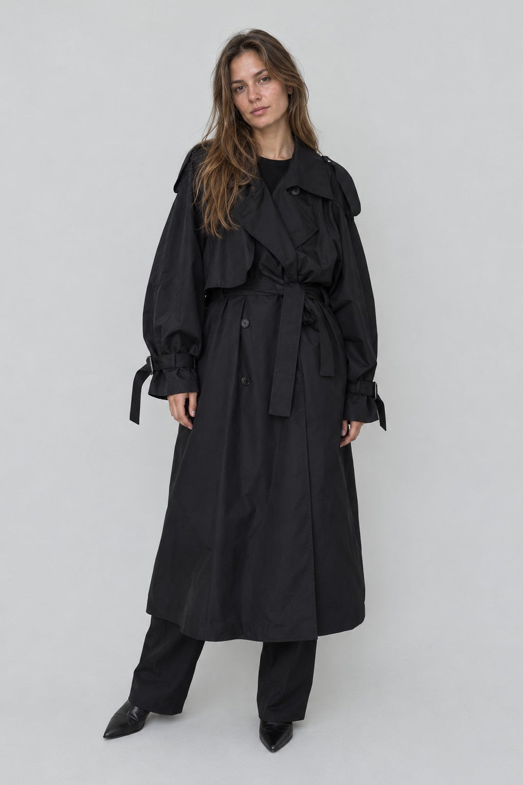 Black Oversized Long Trench Coat for Women, Double Breasted Belted Windbreaker with Puff Sleeve