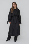 Black Oversized Long Trench Coat for Women, Double Breasted Belted Windbreaker with Puff Sleeve