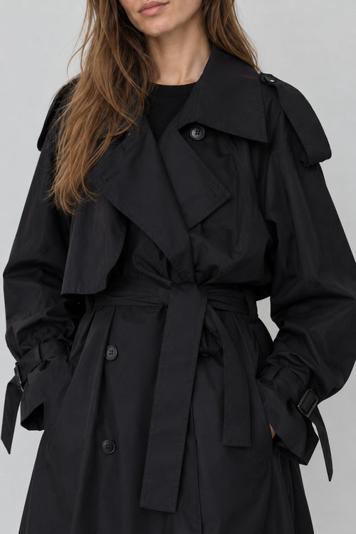 Black Oversized Long Trench Coat for Women, Double Breasted Belted Windbreaker with Puff Sleeve