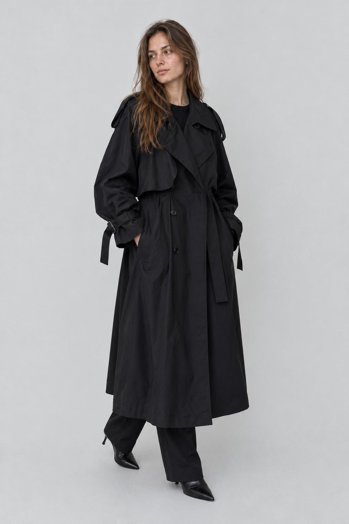 Black Oversized Long Trench Coat for Women, Double Breasted Belted Windbreaker with Puff Sleeve