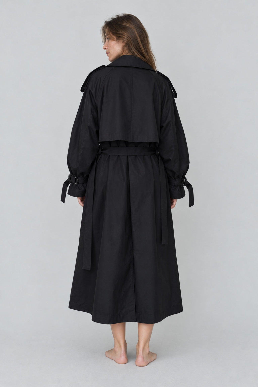 Black Oversized Long Trench Coat for Women, Double Breasted Belted Windbreaker with Puff Sleeve