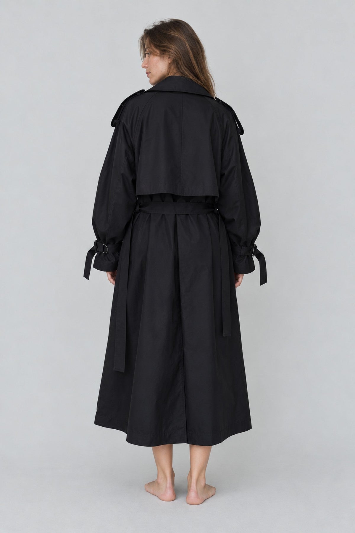 Black Oversized Long Trench Coat for Women, Double Breasted Belted Windbreaker with Puff Sleeve